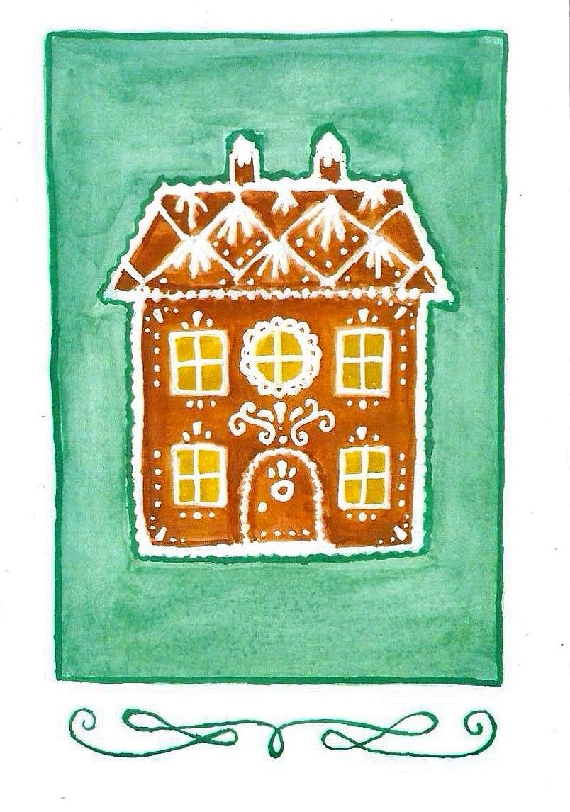 Weihnachtskarte mit Lebkuchenhaus