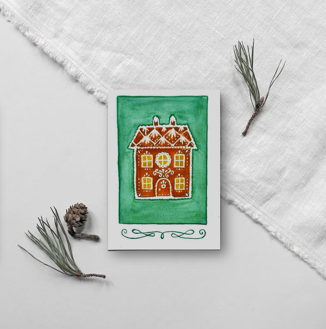 Weihnachtskarte mit Lebkuchenhaus